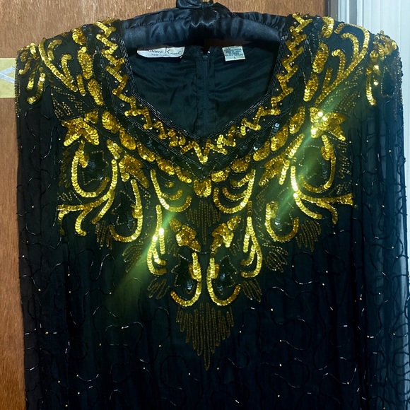 Vintage Laurence Kazar Beaded Black & Gold Silk Formal Evening Gown Size Large - Picture 5 of 7